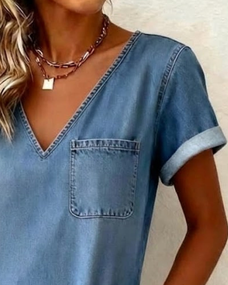 Denim V-Neck Short-Sleeved Shift Dress