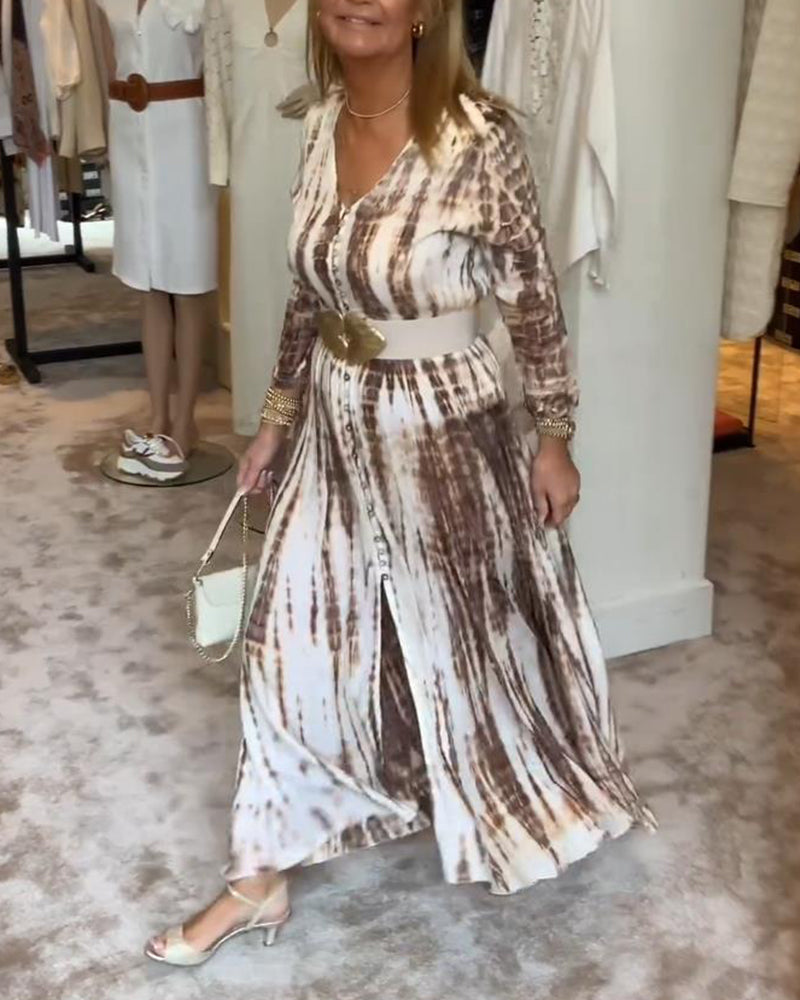 Printed long-sleeve V-neck slit waist dress