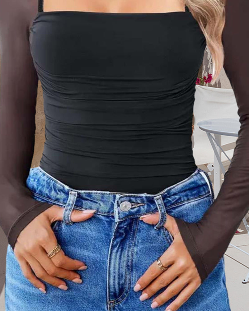 Square Neck Mesh Panel Long Sleeve Top