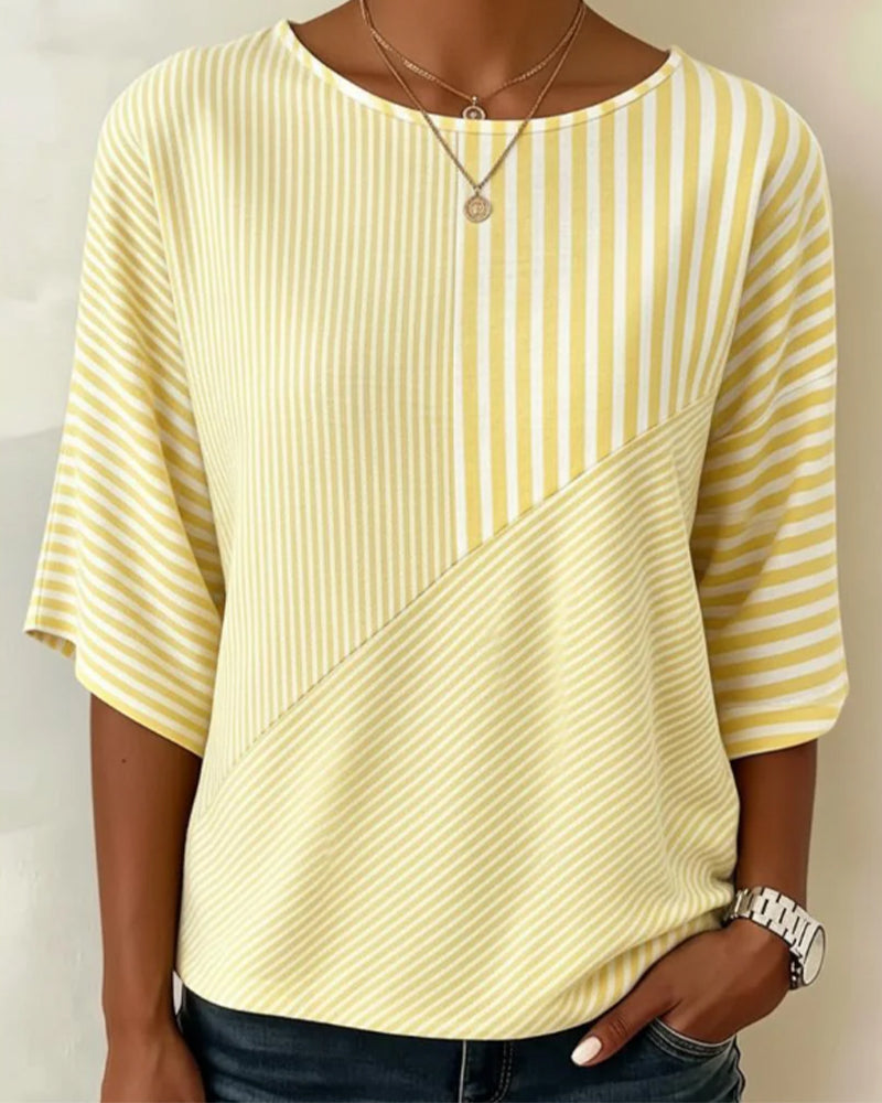 Striped Crew Neck Color Block T-Shirt