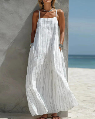 Square Neck Pinstripe Camisole Strap Maxi Dress