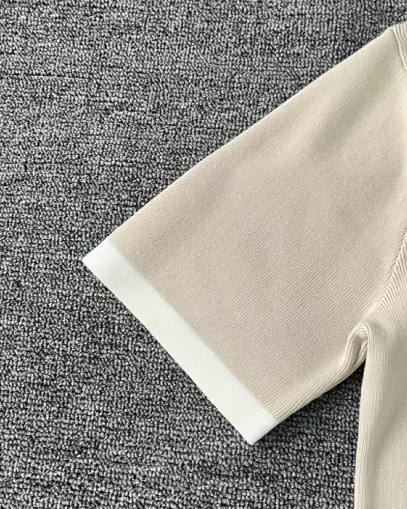 Contrast-Color Lapel Short-Sleeve Blouse