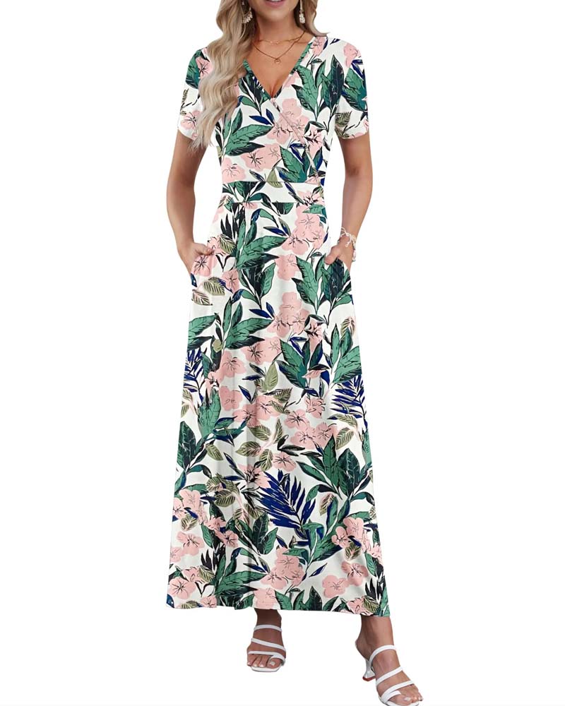 V-Neck Printed Short-Sleeved Dress