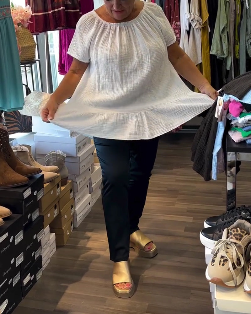 Crew Neck Smocked Relaxed Solid Blouse