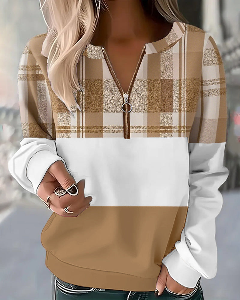 Casual Plaid Contrast Color Sweatshirt