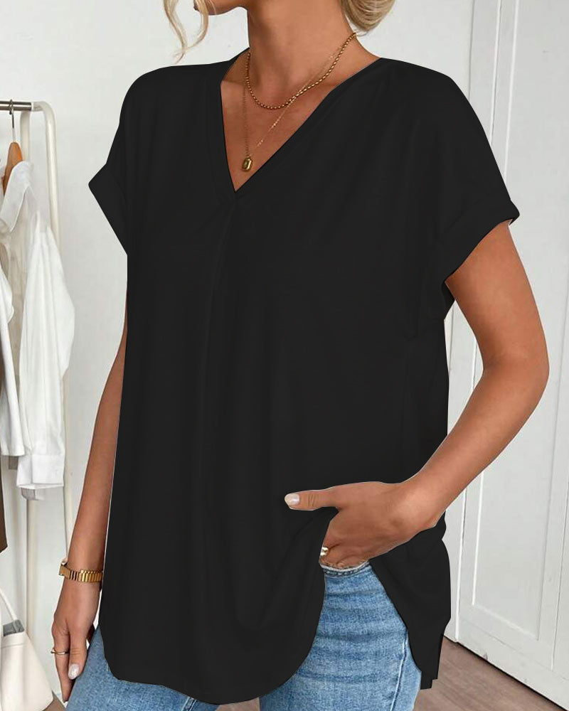 Short-Sleeved Solid Color Patchwork T-Shirt