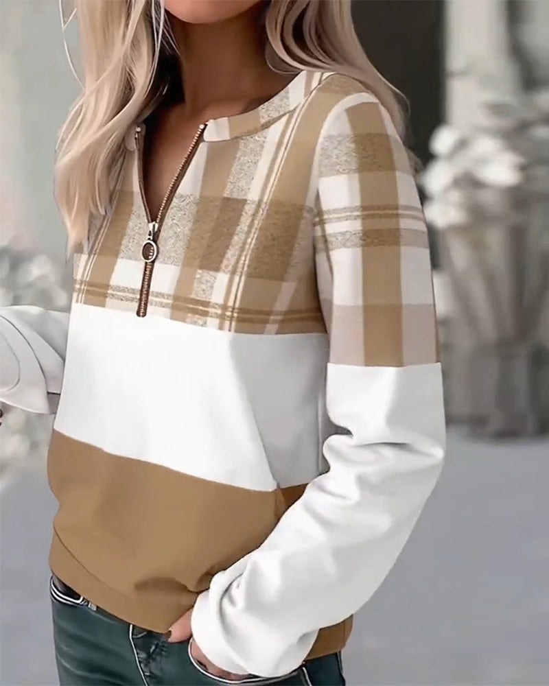 Casual Plaid Contrast Color Sweatshirt