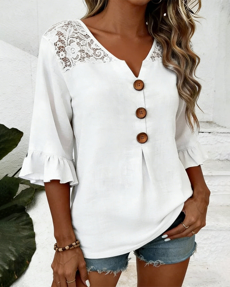 Ruffle V-Neck Lace Patchwork Blouse