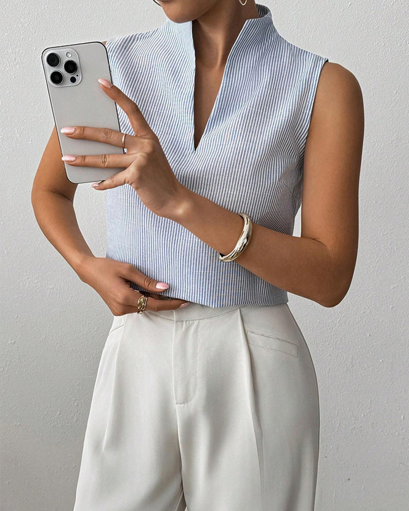 Sleeveless V-Neck Striped Blouse