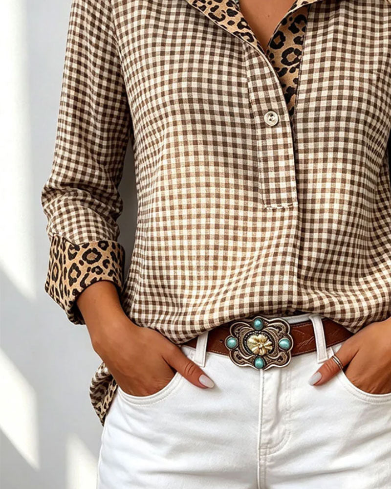 Plaid Leopard Long Sleeve Casual Shirt