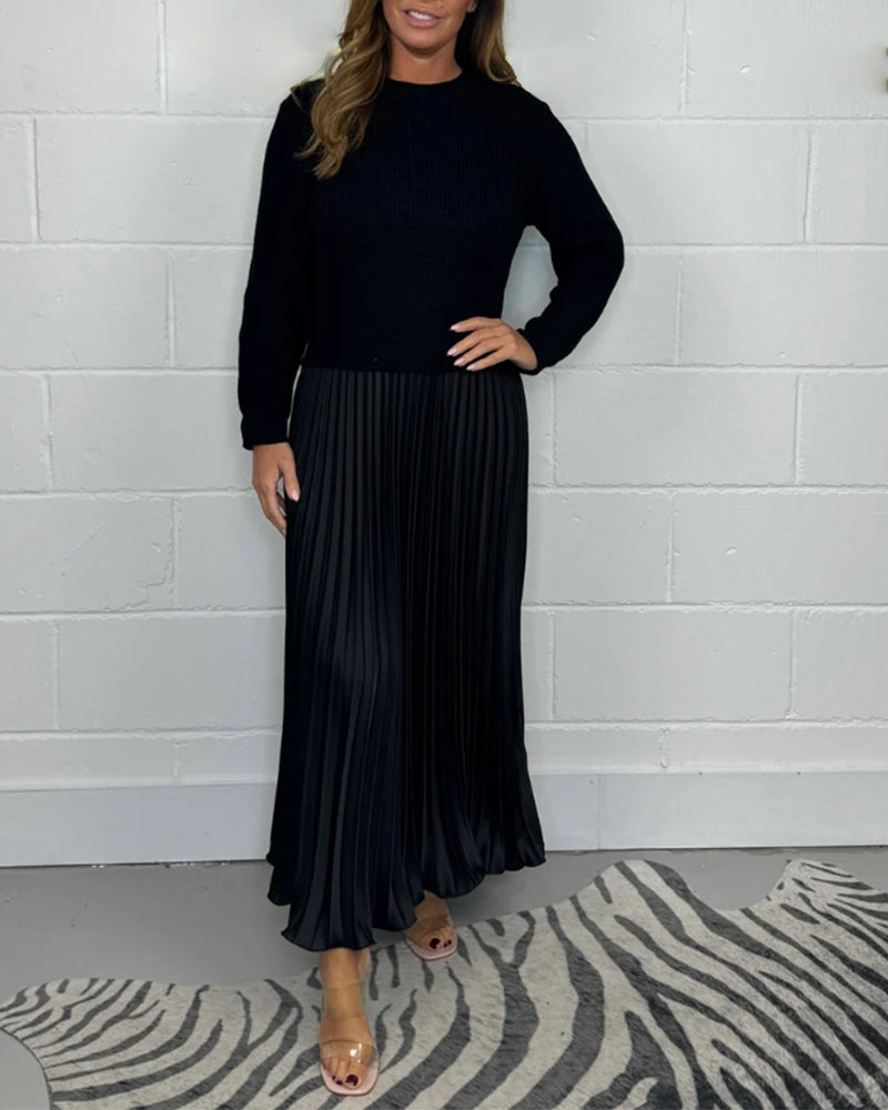 Casual contrast color patchwork pleated dress