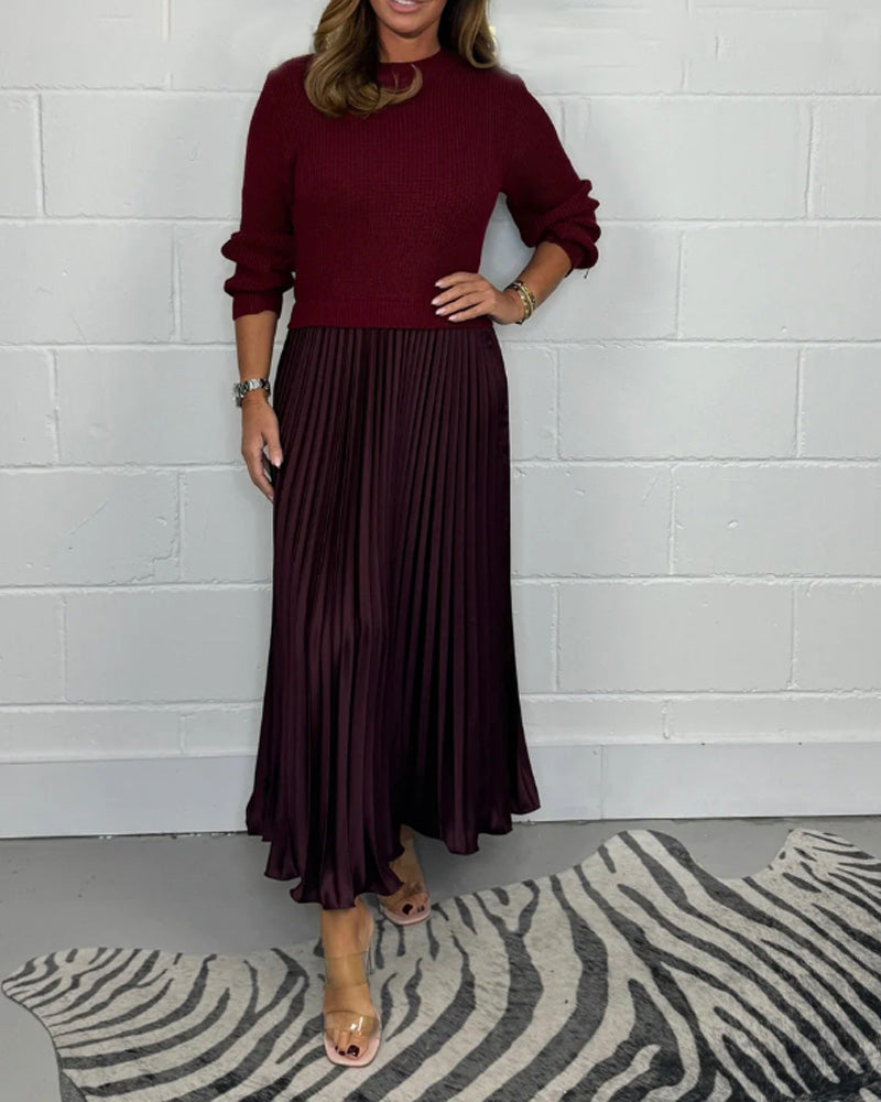 Casual contrast color patchwork pleated dress