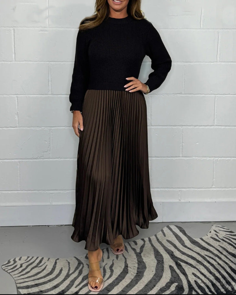 Casual contrast color patchwork pleated dress