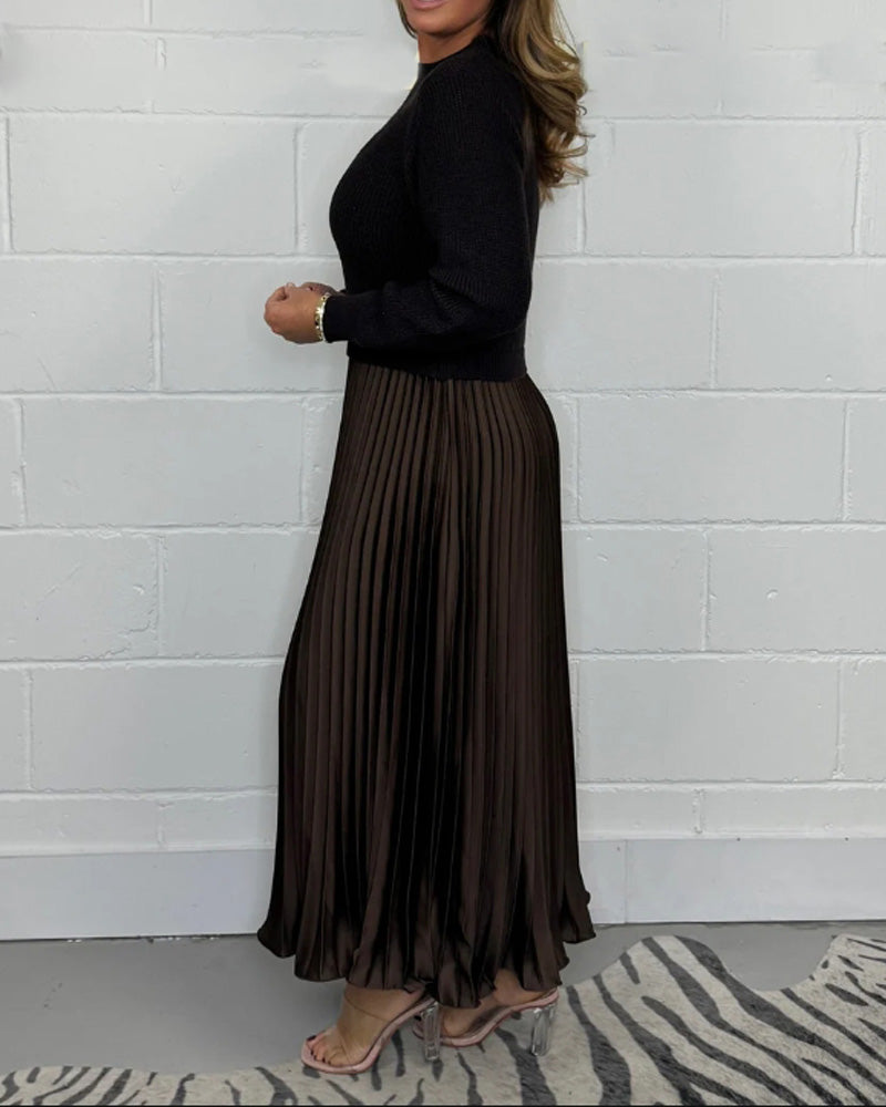 Casual contrast color patchwork pleated dress