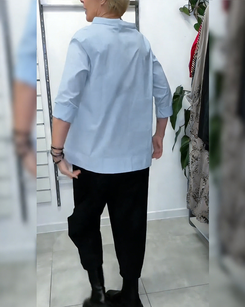 100% Cotton Wide-Collar Solid Color Casual Blouse