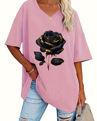 Rose Print Loose Fit Half Sleeve T-Shirt