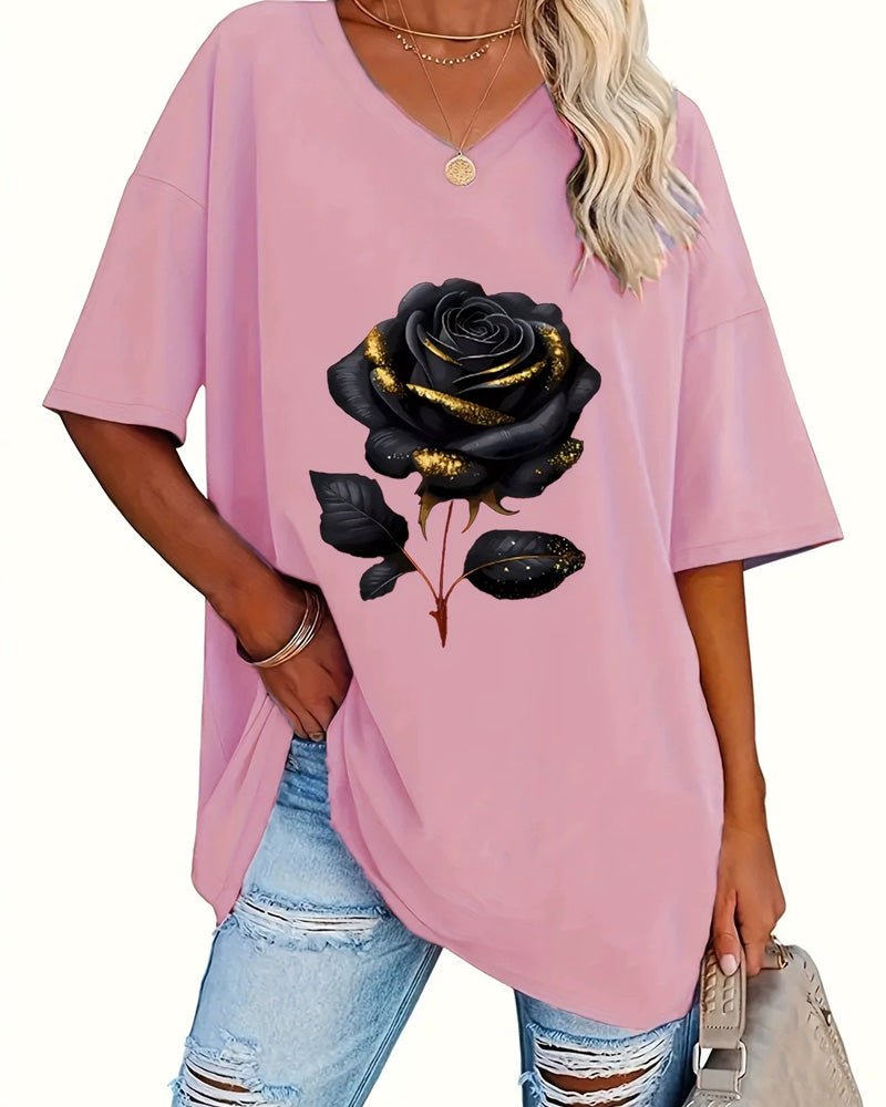 Rose Print Loose Fit Half Sleeve T-Shirt