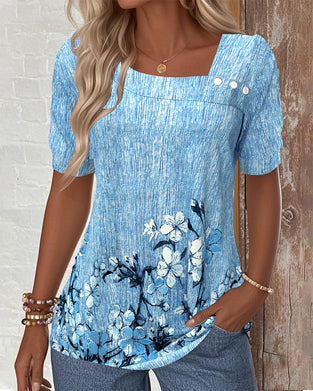 Slant Collar Printed Button-Down Blouse