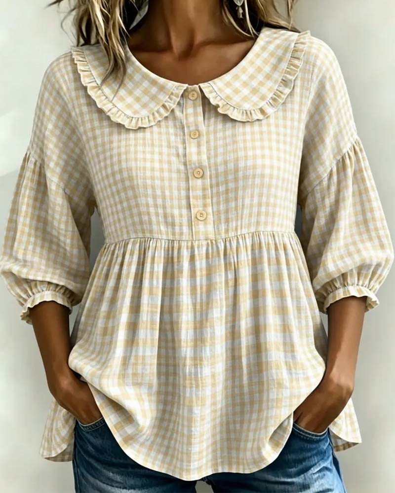 Peter Pan Collar Plaid Waist-Cinching Blouse