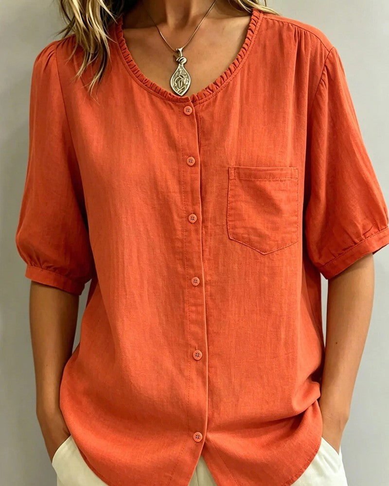 Ruffle Trim Button Pocket Blouse