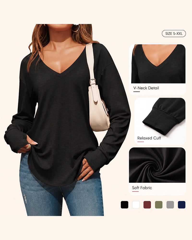 V-Neck Drop-Shoulder Solid Loose-Fit Top