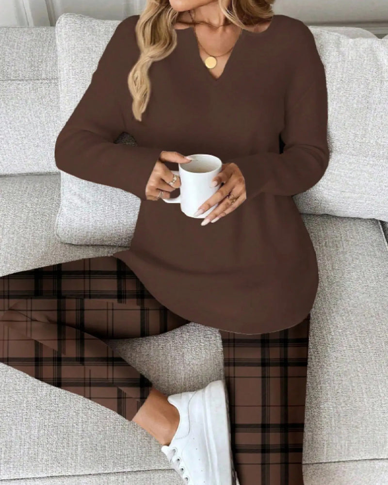 V-Neck Solid Top + Plaid Pants Loungewear Set
