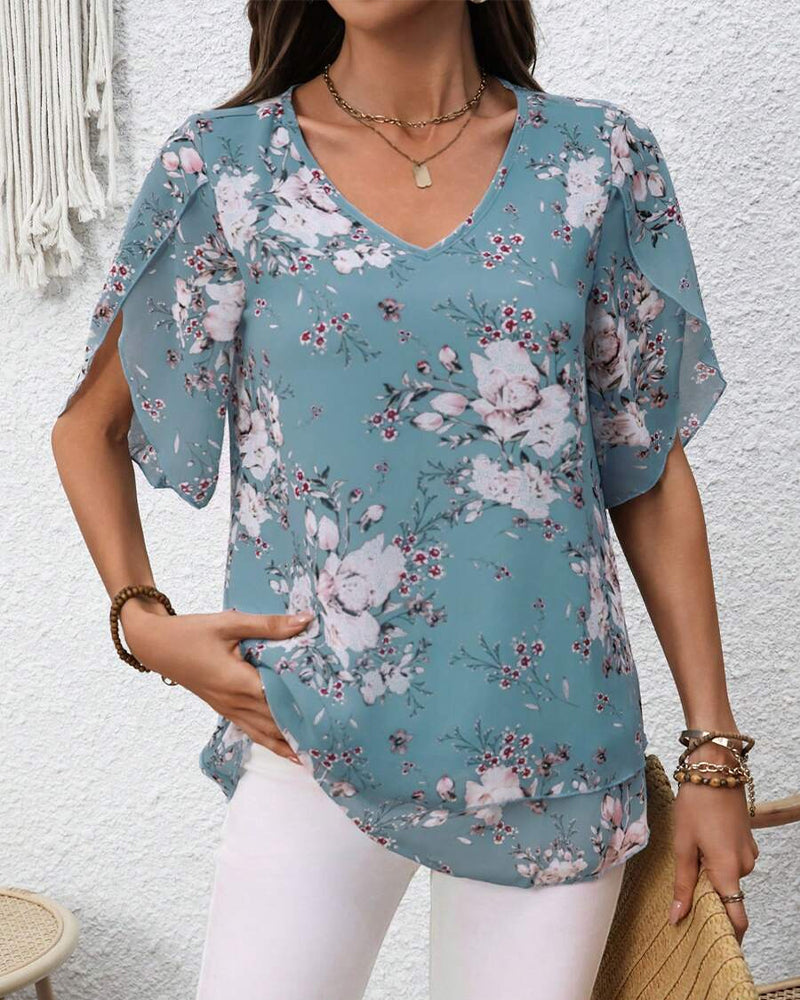 Petal Sleeve V-Neck Printed Blouse