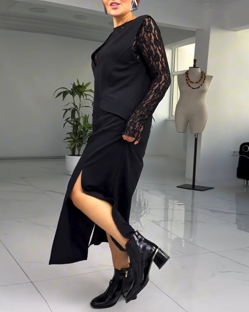 European And American Lace Stitching Slit Dress