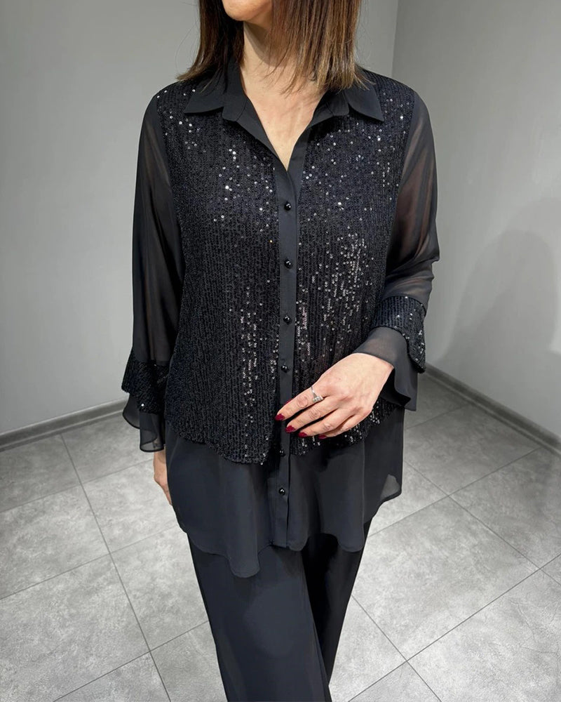 Lapel Buttoned Ruffle See-Through Top