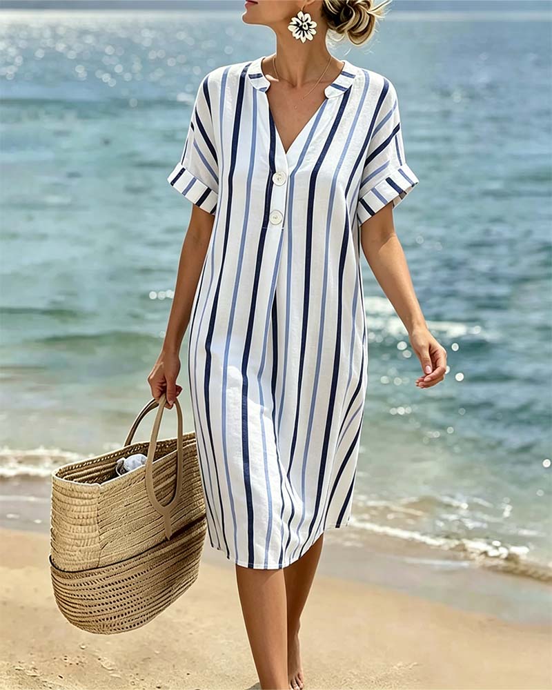 V-Neck Striped Short-Sleeved Dress
