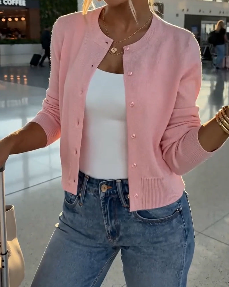 Solid Color Crew Neck Buckle Cardigan