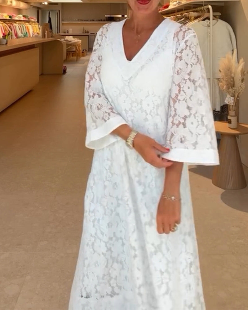 V-neck Hollow Lace Flower Loose Dress