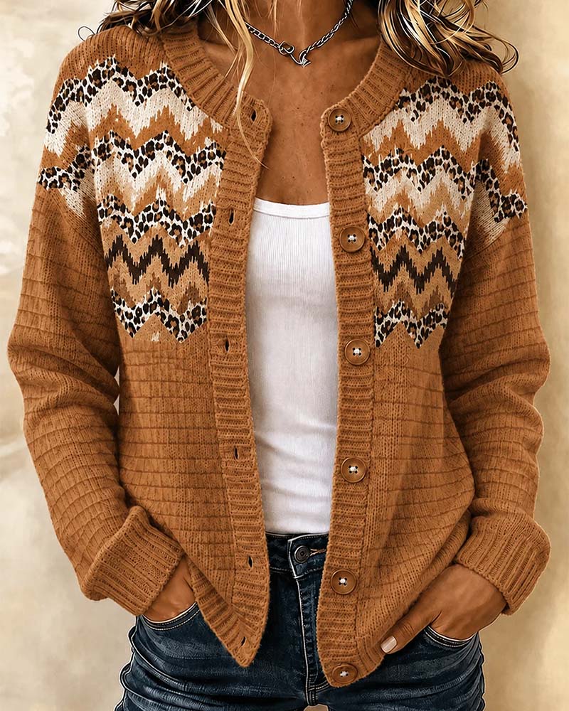 Buttoned Leopard Wavy Stripe Cardigan