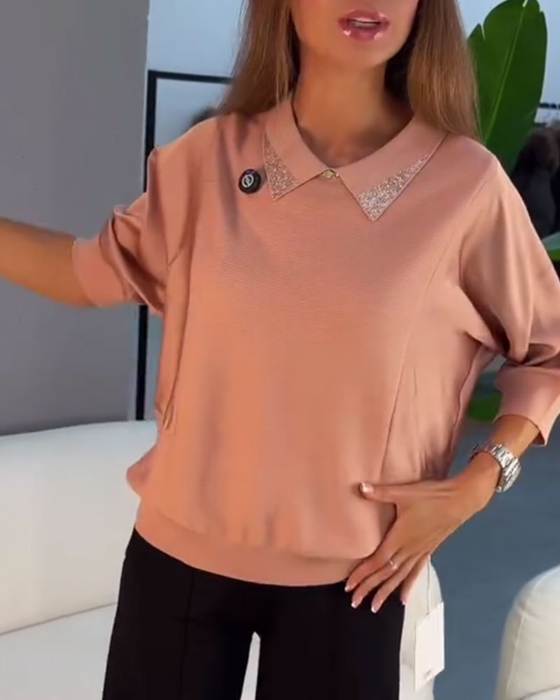 Lapel Elbow-Length Sleeve Knit Elegant Pullover