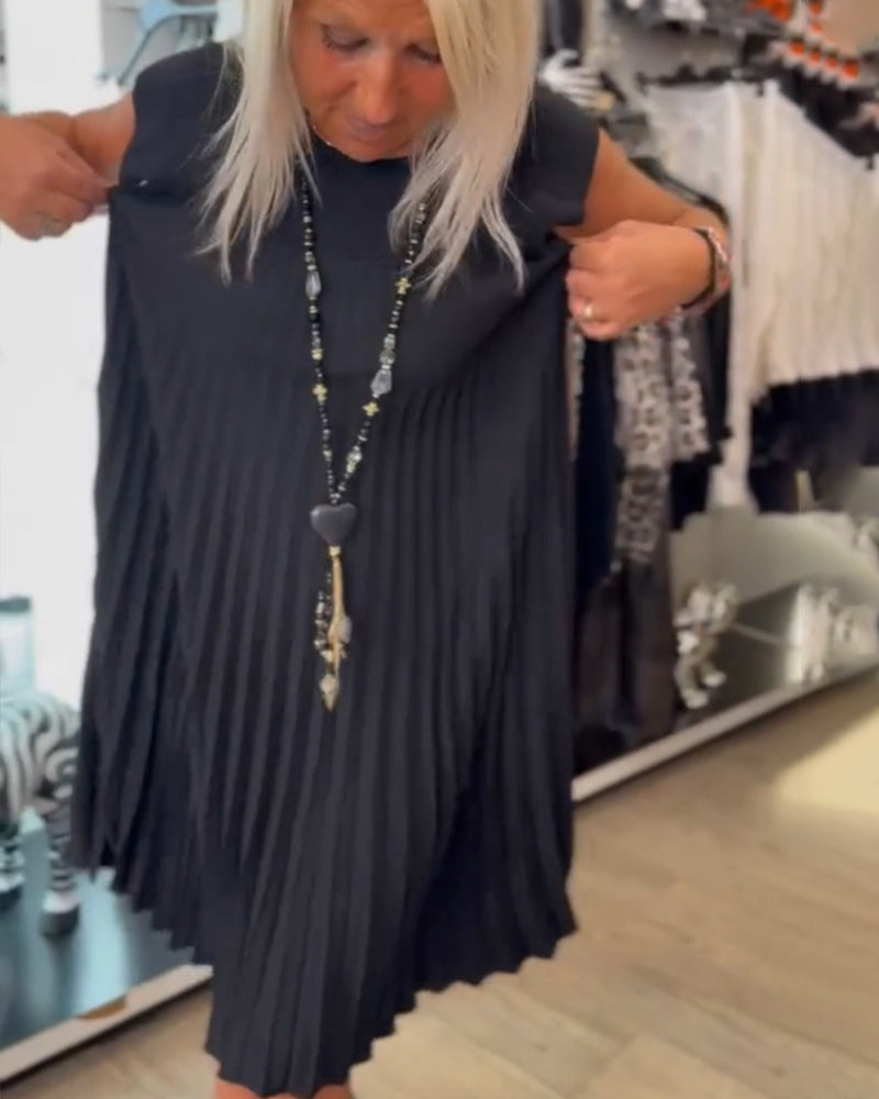 Aumora Round neck solid color pleated casual dress