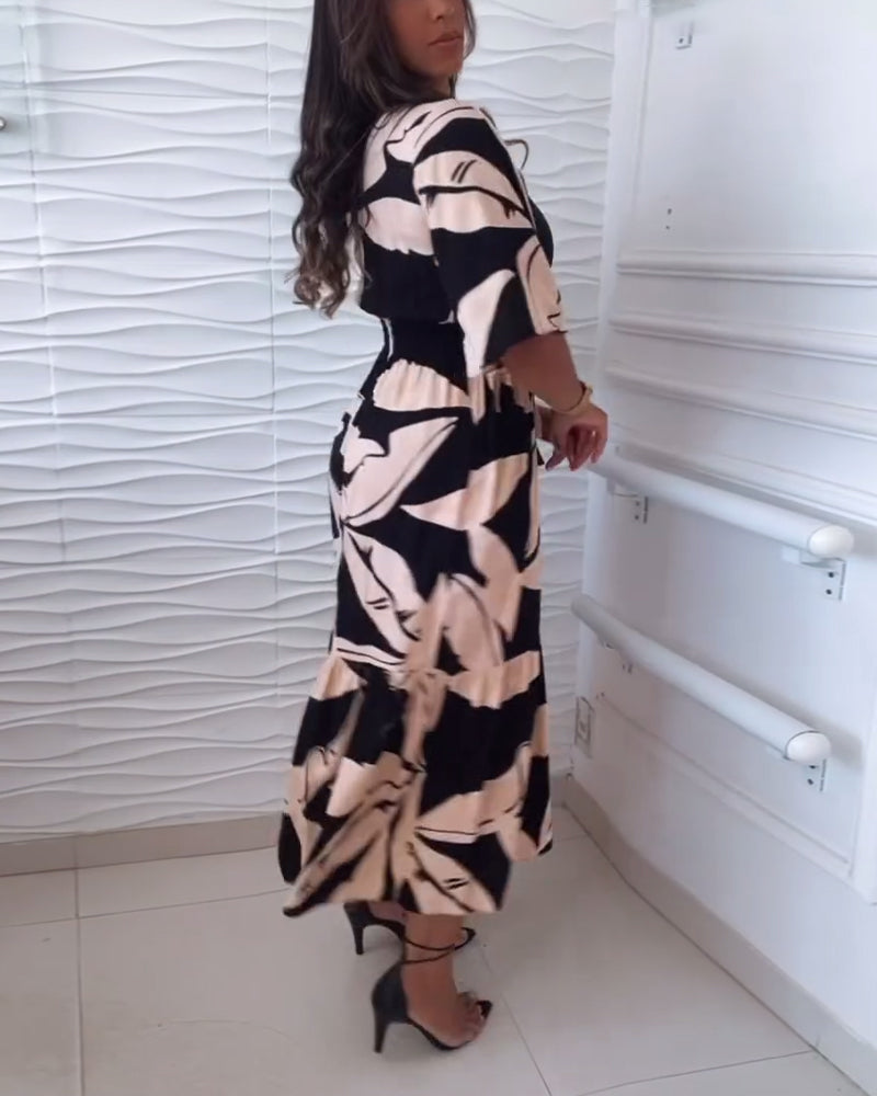 Aumora V-neck three-quarter sleeve drawstring elegant dress