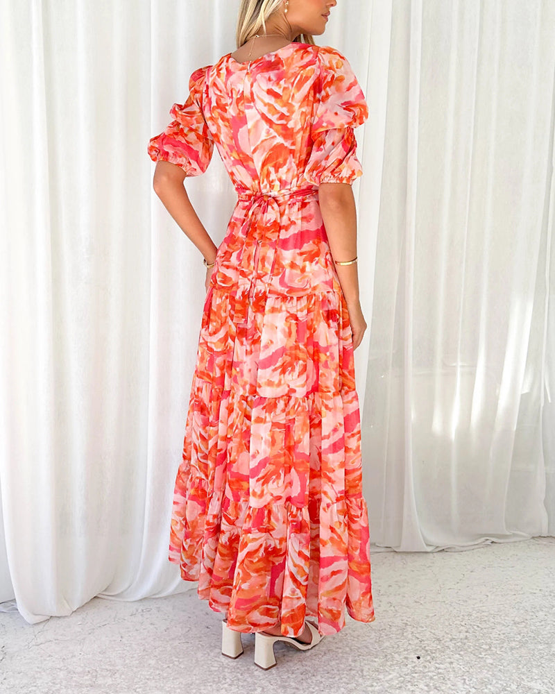 V-neck waist short sleeve dress