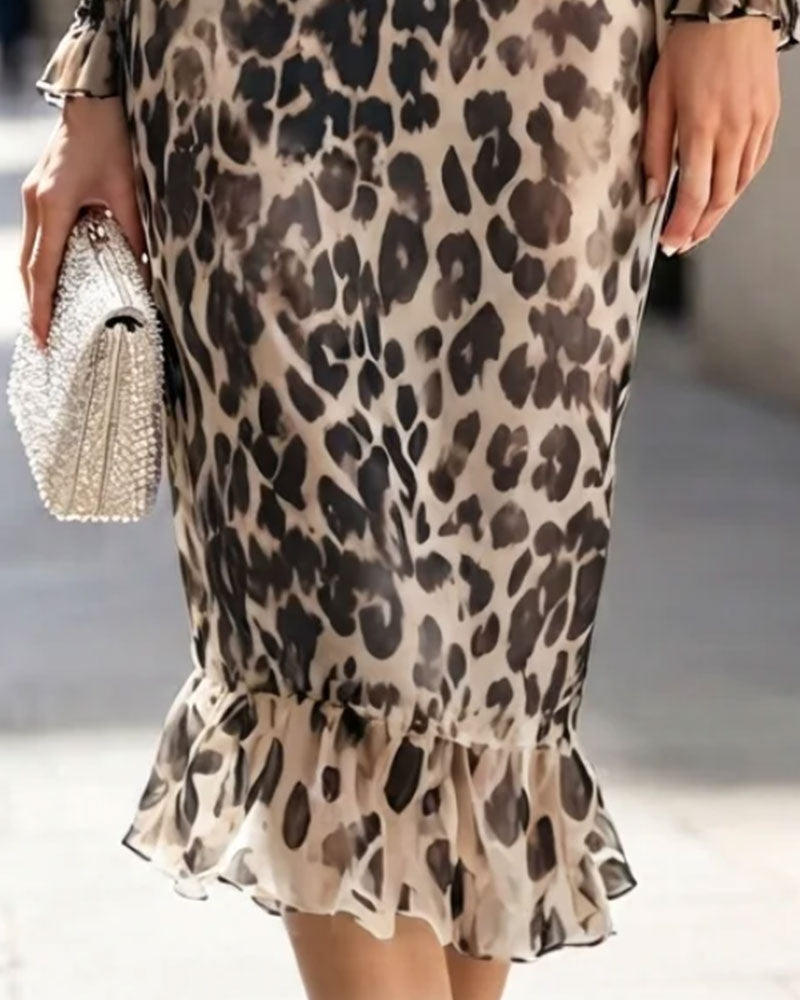 High Neck Leopard Cinched Waist Ruffle Dress