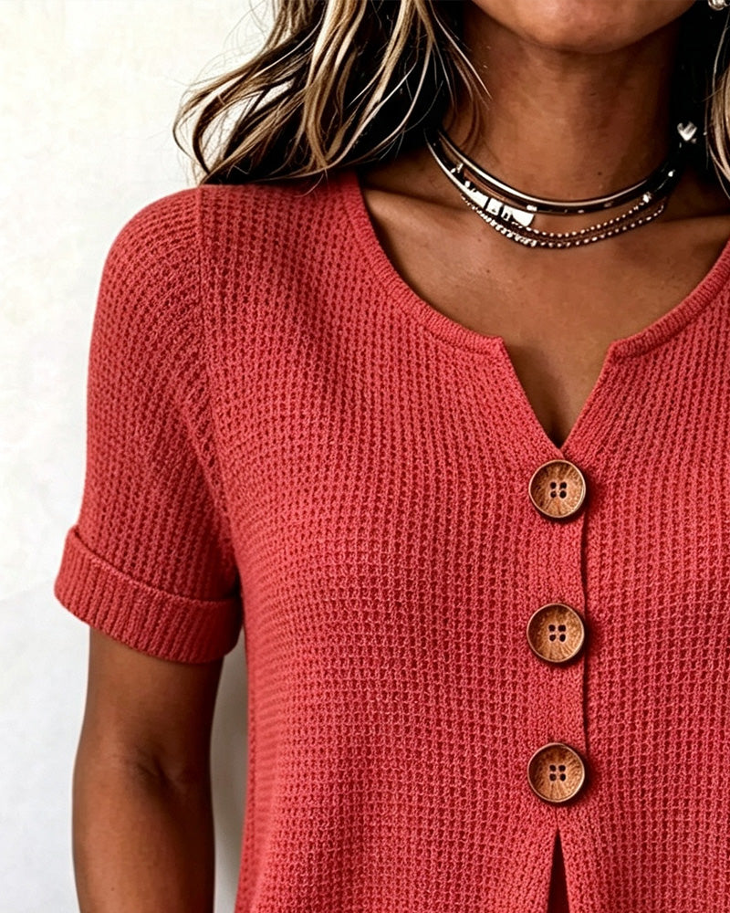 Small V-Neck Waffle Solid T-Shirt