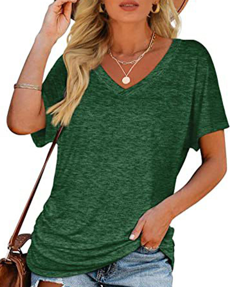 Pleated Solid Color V-Neck T-Shirt