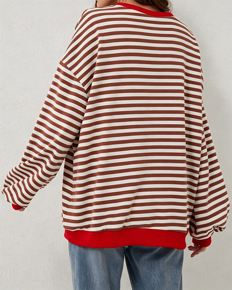 Striped Round Neck Color Block T-Shirt