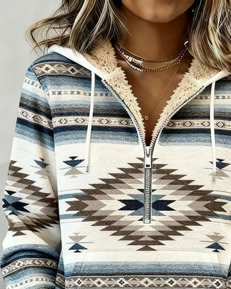 Retro Print Half-Zip Hooded Sweatshirt