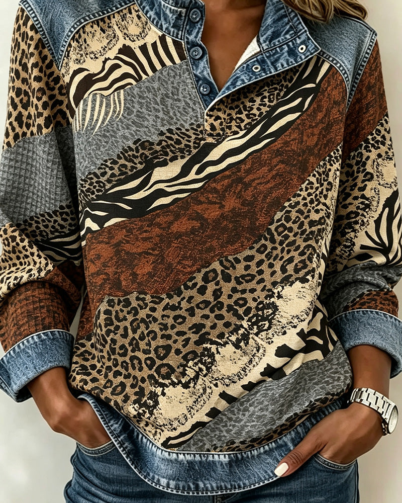 Patchwork Leopard Button Blouse