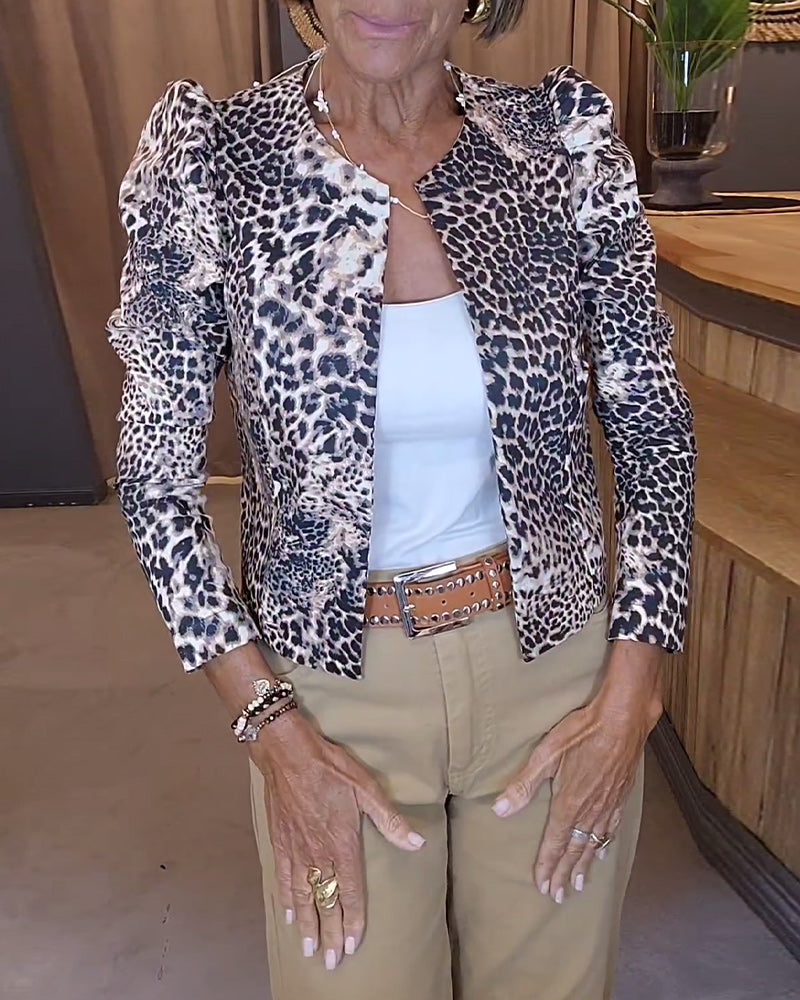 Leopard print puff sleeve casual jacket