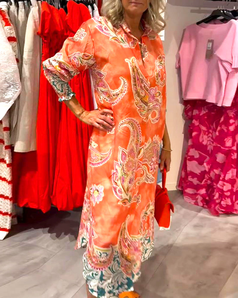 Stand Collar Long Sleeve Cashew Print Dress