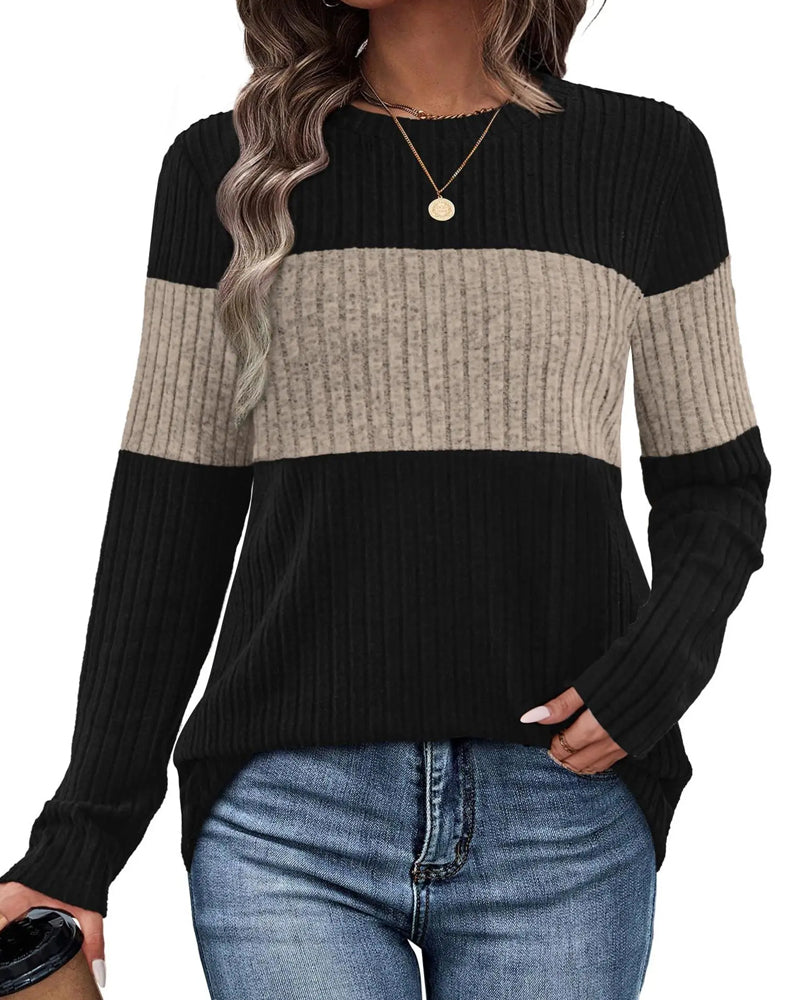Round Neck Ribbed Contrasting Color Top