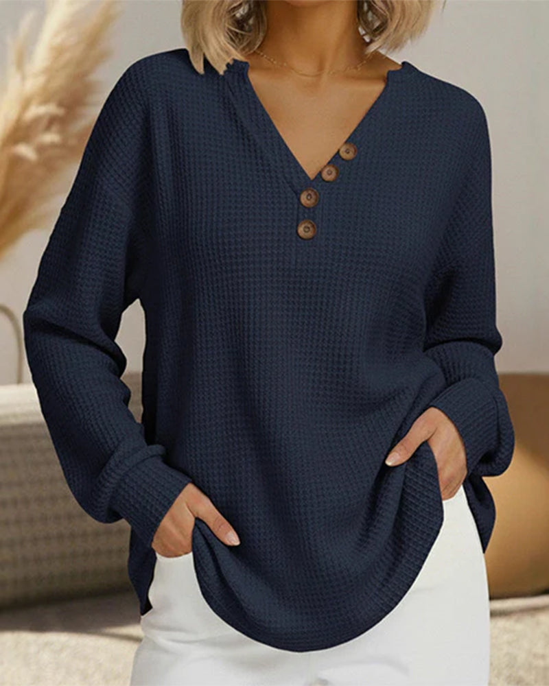 Button-Down Waffle Long-Sleeved Top