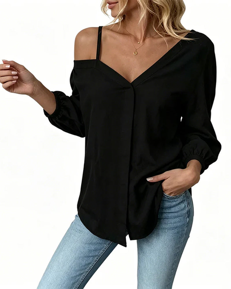 Casual Solid Color One Shoulder Shirt