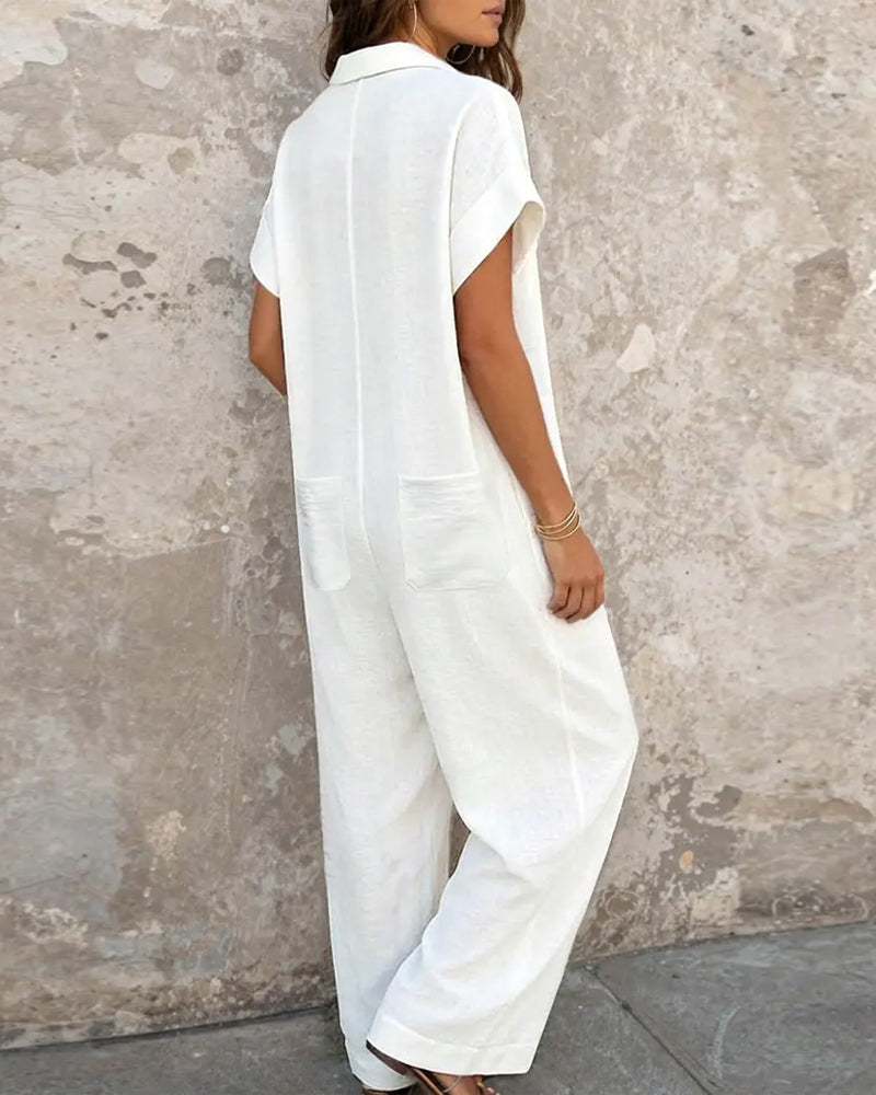 Casual Lapel Solid Color Jumpsuits
