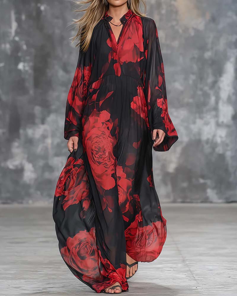 Temperament Loose Rose Print Long Dress